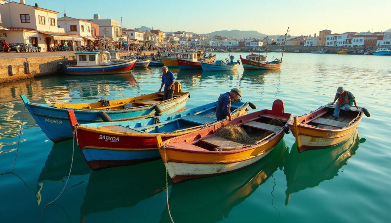 Barques de pêche colorées amarrées dans le port de Tarrafal sur l'île de Santiago au Cap-Vert, pêcheurs débarquant leurs filets sous la lumière dorée du matin