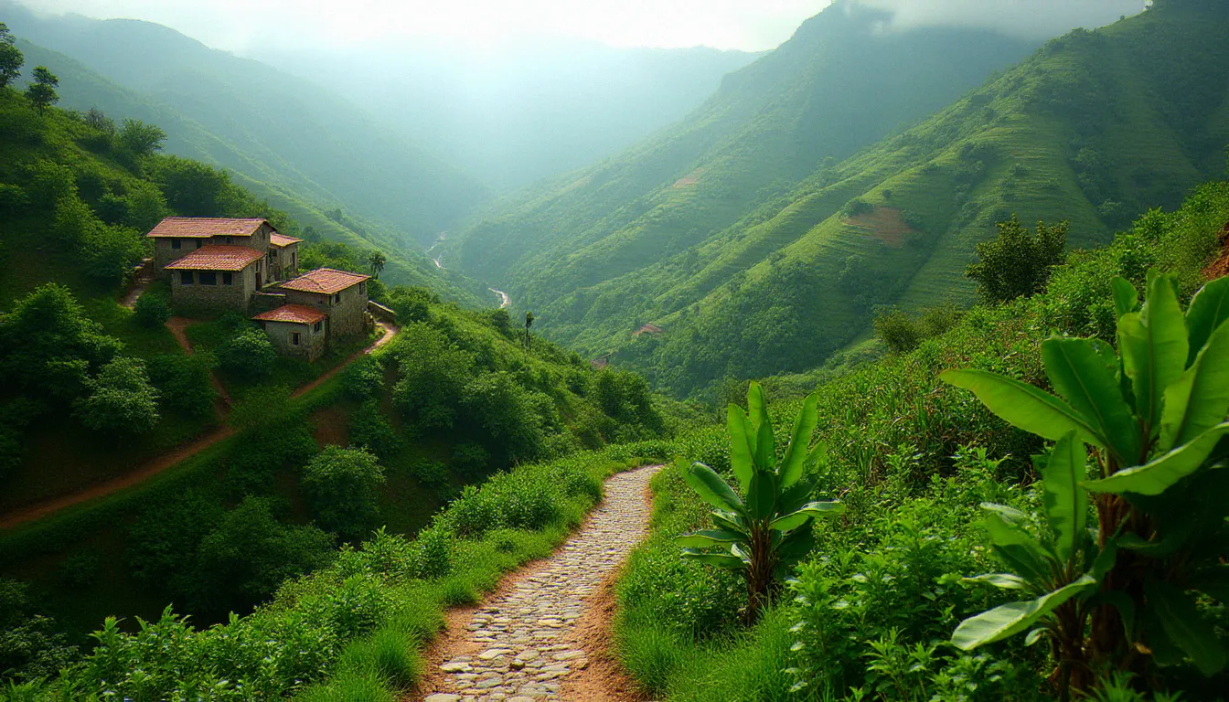 Vallée de Paul sur l'île de Santo Antão au Cap-Vert, chemin pavé serpentant à travers les terrasses de bananiers et de canne à sucre dans une lumière tropicale diffuse
