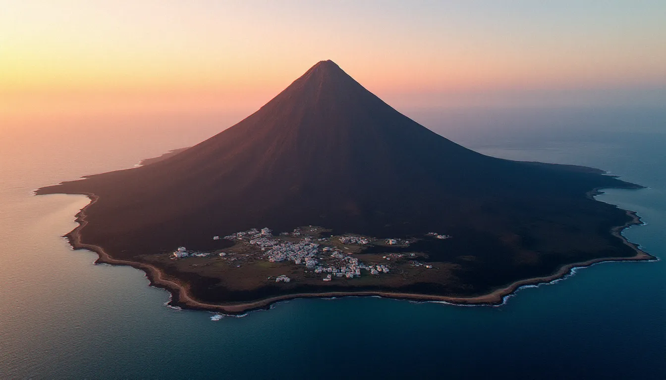 Vue aérienne de l'île de Fogo au Cap-Vert au coucher du soleil, avec le cône volcanique du Pico do Fogo dominant une coulée de lave noire et le village de Chã das Caldeiras — destination incontournable à découvrir en cliquant ici d'ici