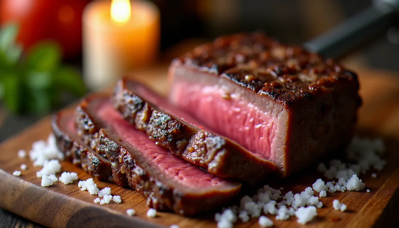 Pièce de picanha brésilienne sur broche de churrasco, tranchée et rosée à cœur, typique de la cuisine du Brasil Grill au Cap d'Agde