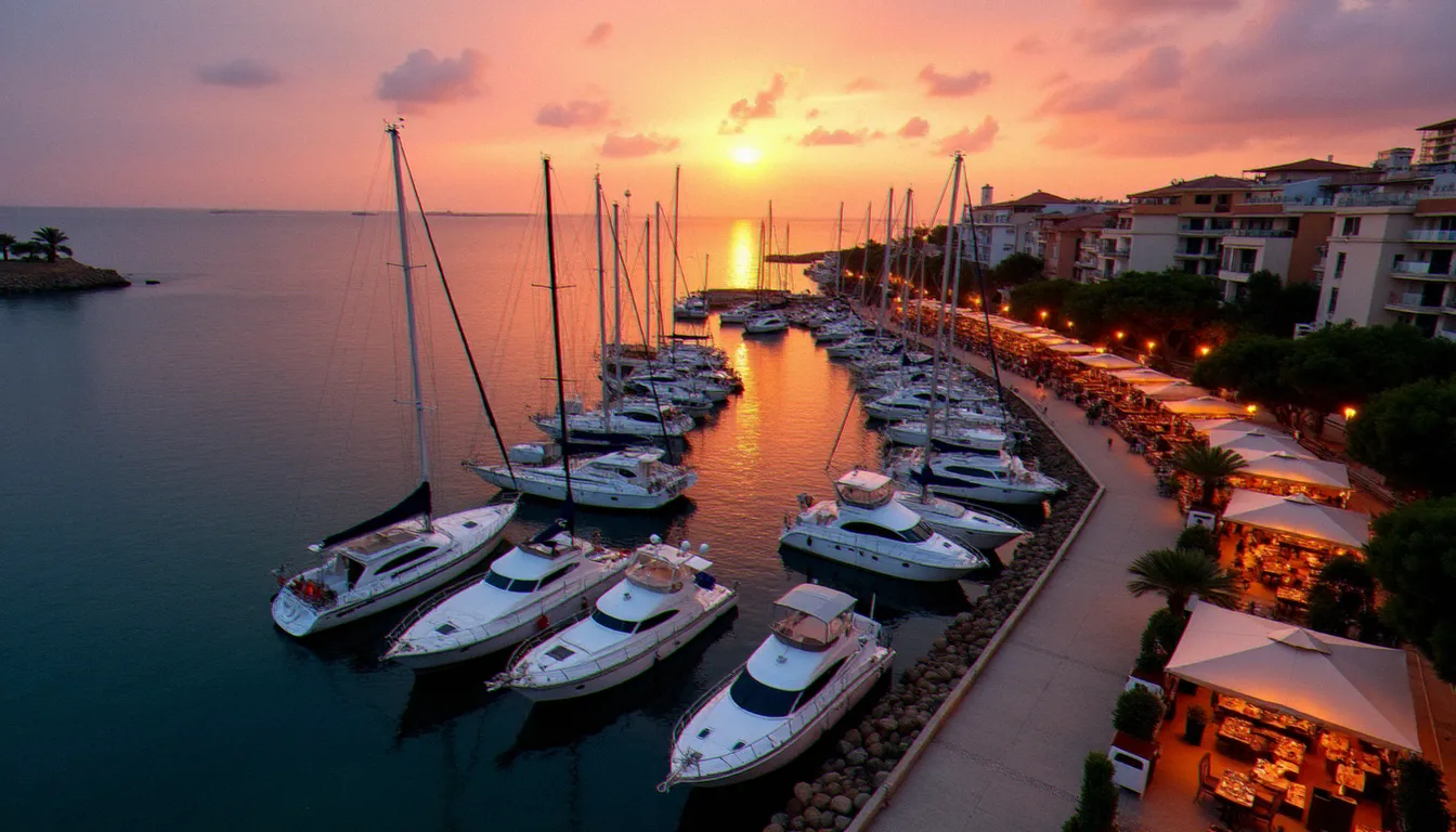Vue aérienne du port de plaisance du Cap d'Agde au crépuscule, avec les terrasses de restaurants illuminées le long de la promenade, à deux pas du Brasil Grill