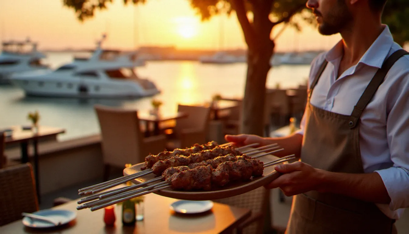 Terrasse du Brasil Grill restaurant au Cap d'Agde au coucher du soleil, avec un serveur portant des espadas de viande grillée près du port de plaisance
