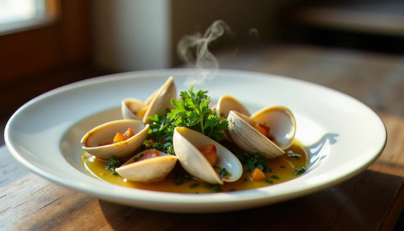 Assiette de tellines sautées au beurre persillé servies dans un petit restaurant de pêcheurs au Grau d'Agde