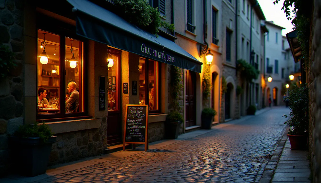 Ruelle en basalte noir du Grau d'Agde au crépuscule avec l'entrée éclairée d'un petit restaurant local et son ardoise du jour