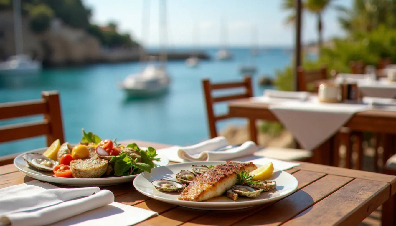 Terrasse d'un restaurant de fruits de mer au Cap d'Agde avec vue sur le port et des assiettes de poissons grillés et d'huîtres fraîches