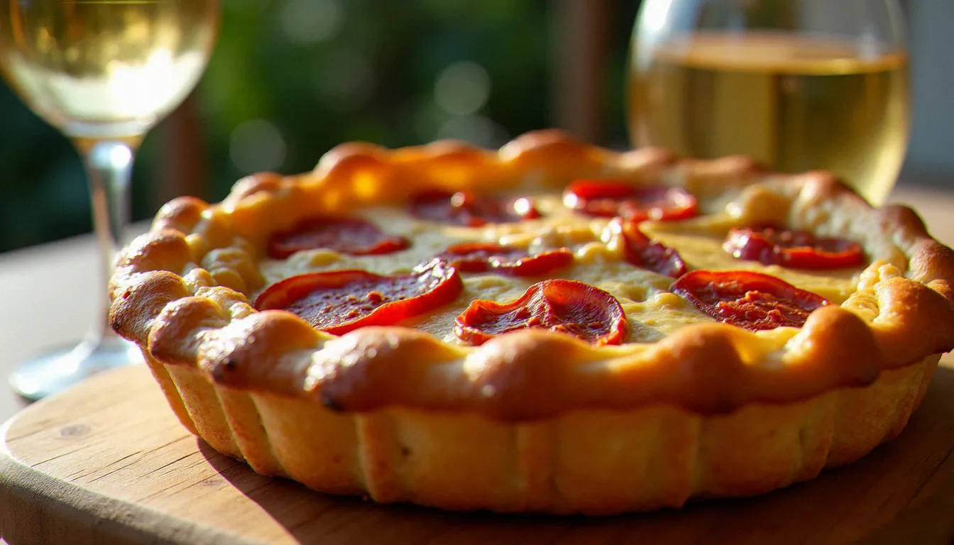 Tielle sétoise artisanale, tourte à la pieuvre épicée typique de la région de Sète et du Cap d'Agde, servie sur une planche en bois
