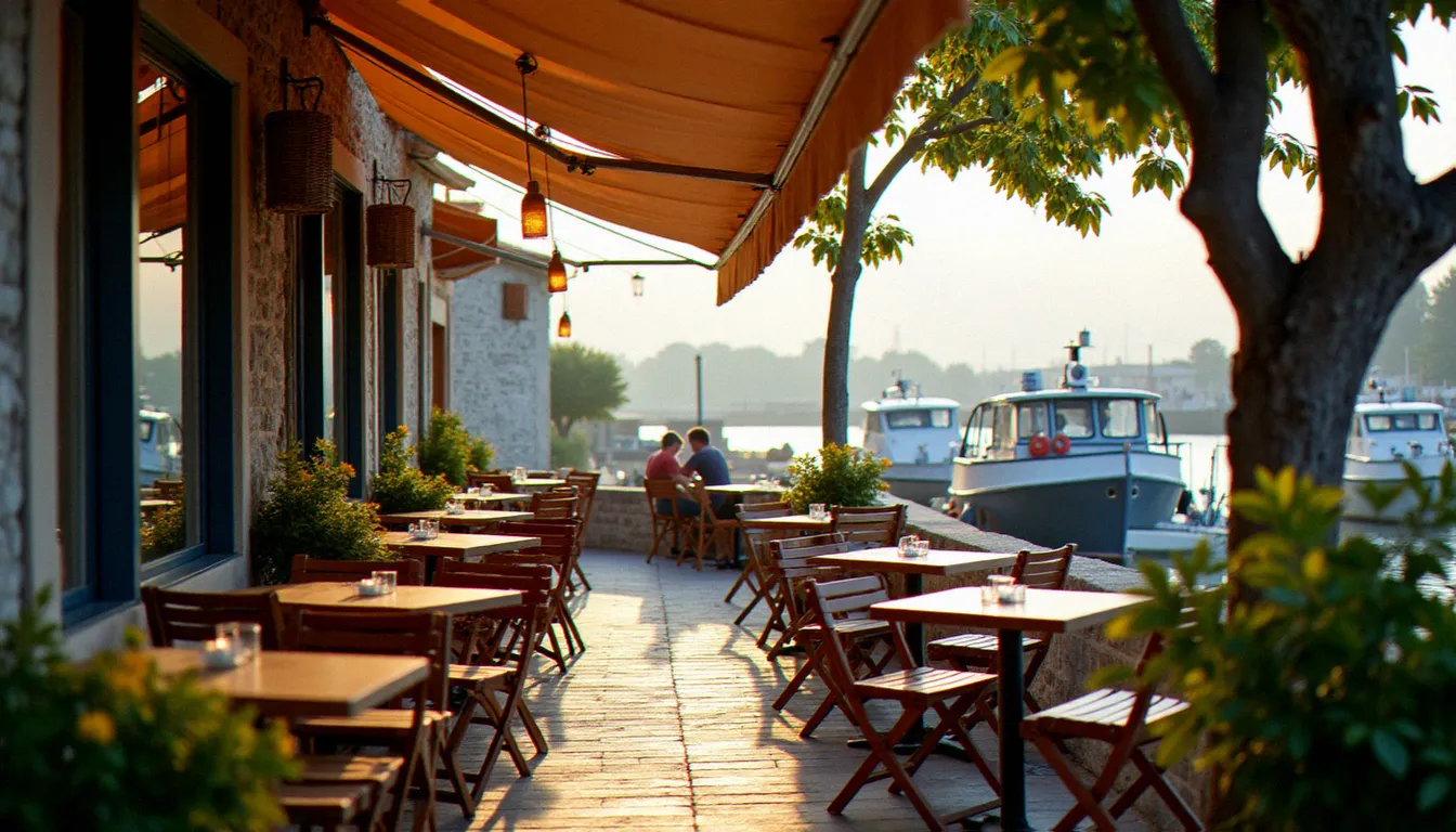 Terrasse de restaurant local au Grau d'Agde au bord de l'Hérault, ambiance village de pêcheurs loin de l'agitation touristique du Cap d'Agde