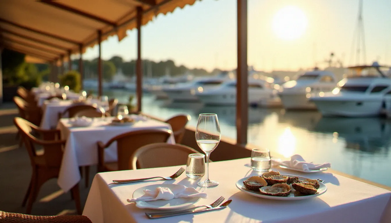 Terrasse de restaurant au bord du port de plaisance du Cap d'Agde avec huîtres fraîches et verre de picpoul de Pinet sur une table blanche