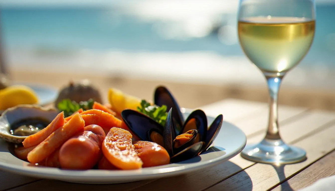 Plateau de fruits de mer avec moules de Bouzigues, huîtres et tellines servi dans un restaurant de plage du Cap d'Agde, accompagné d'un verre de Picpoul de Pinet