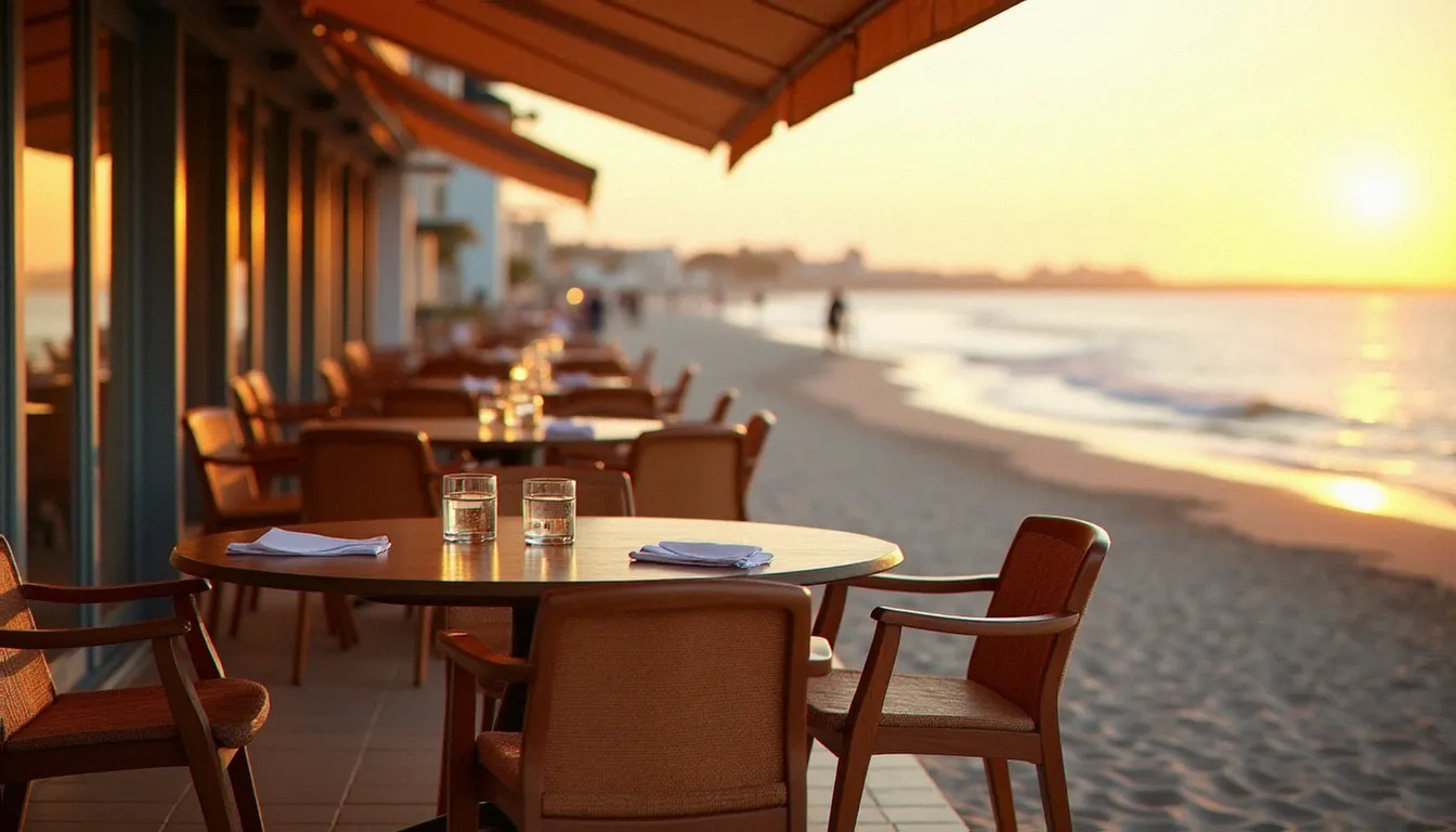 Terrasse de restaurant vide en début de septembre au Cap d'Agde, mer Méditerranée calme et lumière dorée du matin, hors saison touristique