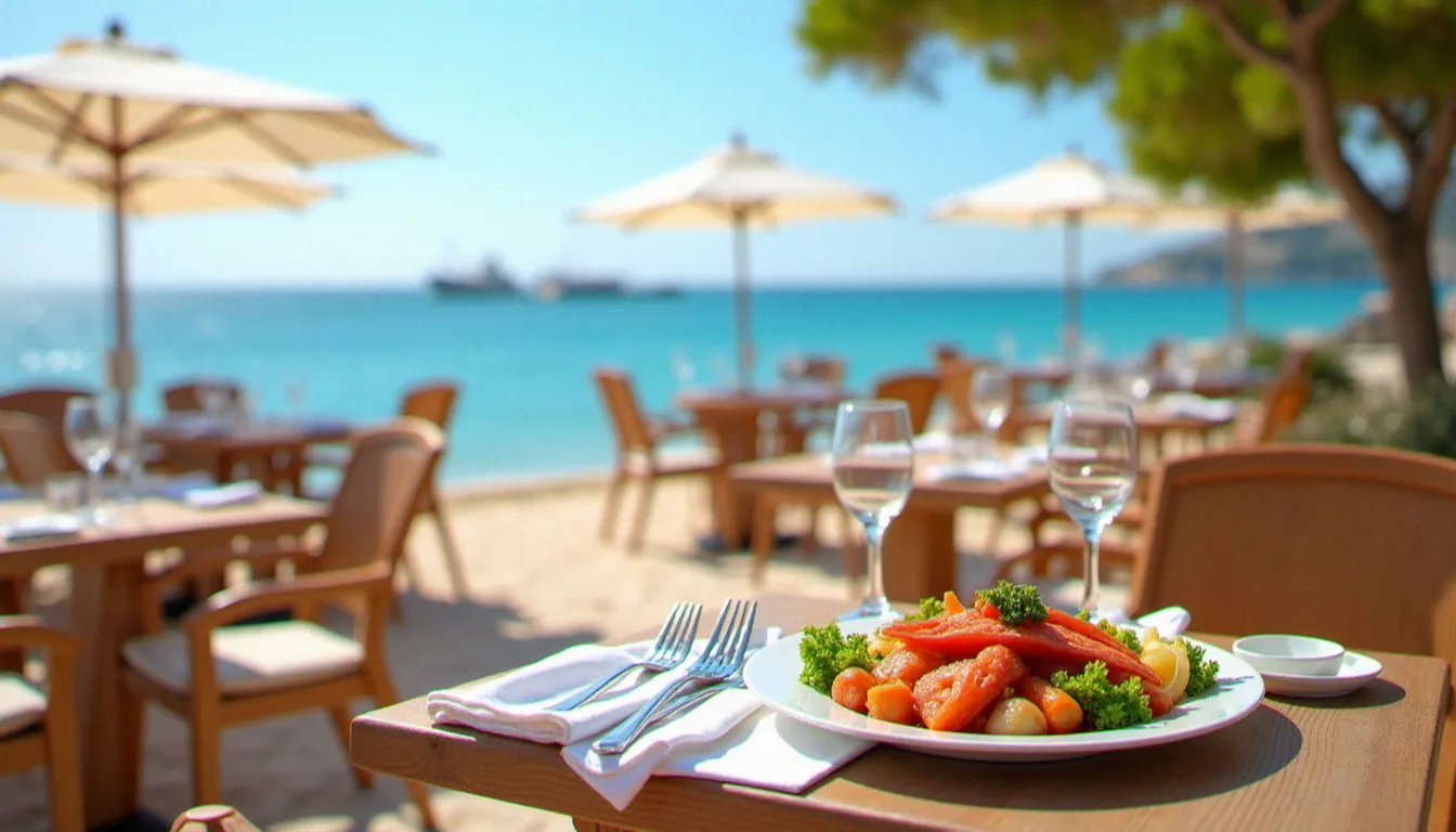Terrasse de restaurant de plage au Cap d'Agde avec vue sur la mer Méditerranée, tables dressées pour le déjeuner face à l'horizon