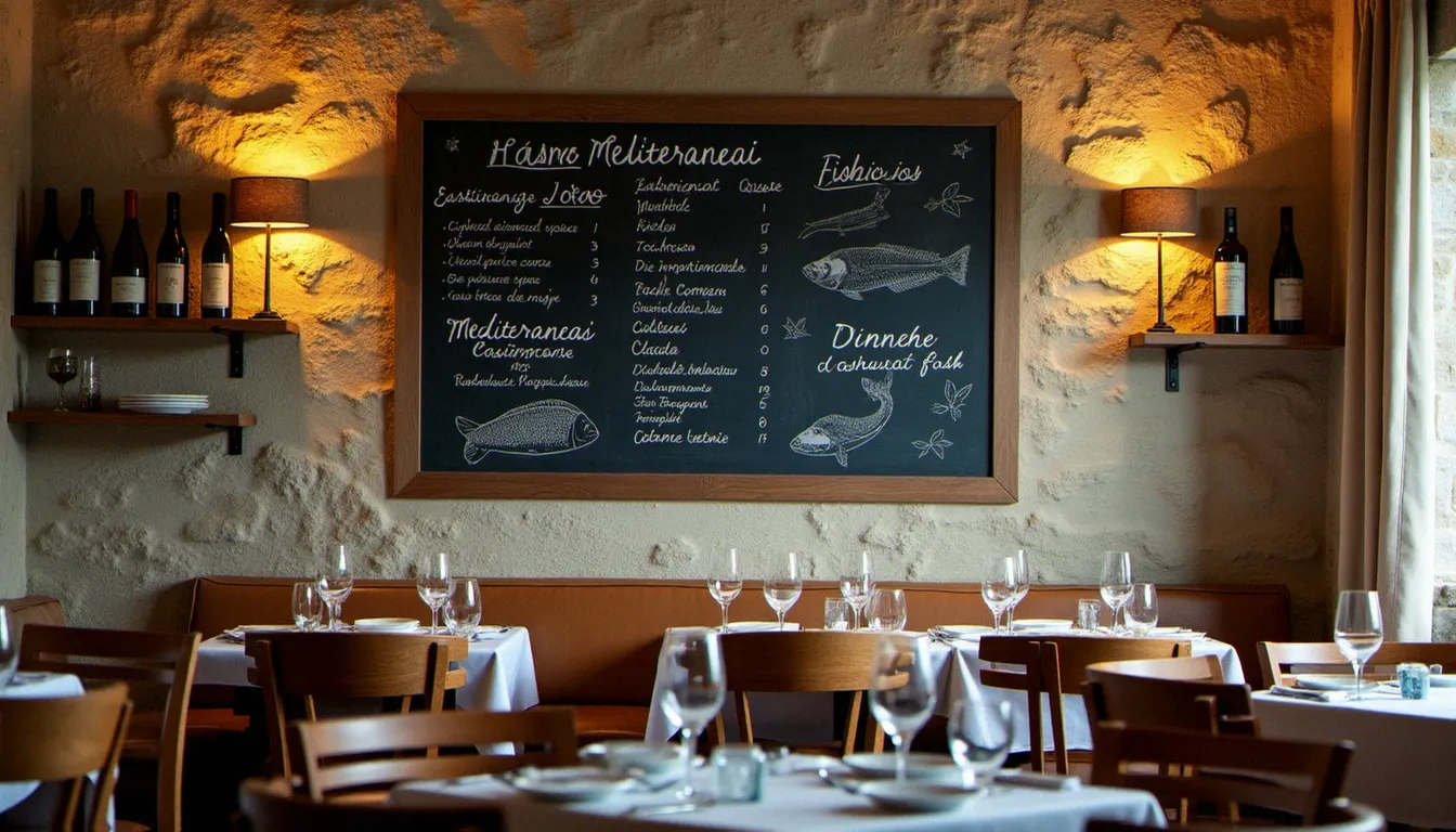 Salle de restaurant d'un hôtel en Languedoc avec ardoise de suggestions et bouteilles de vin régional, ambiance méditerranéenne intimiste