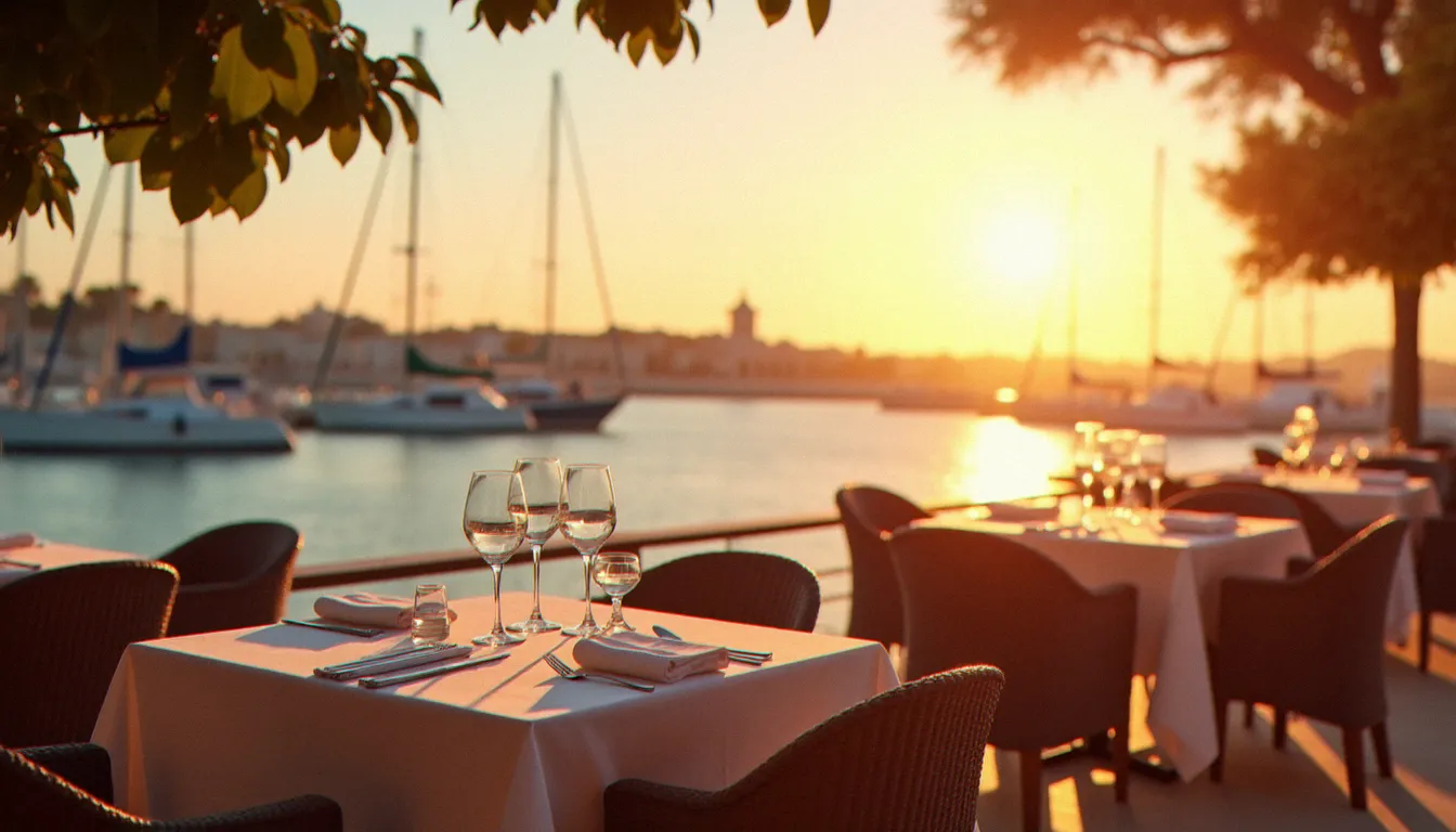 Terrasse de restaurant d'un hôtel Cap d'Agde avec vue sur le port de plaisance au coucher de soleil, tables dressées en blanc