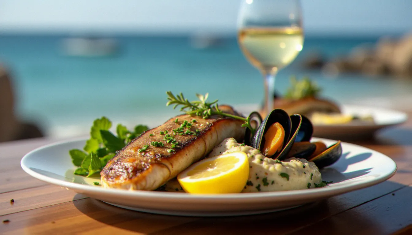 Assiette de fruits de mer grillés et moules marinières servie dans un restaurant de plage du Cap d'Agde, avec un verre de picpoul de Pinet