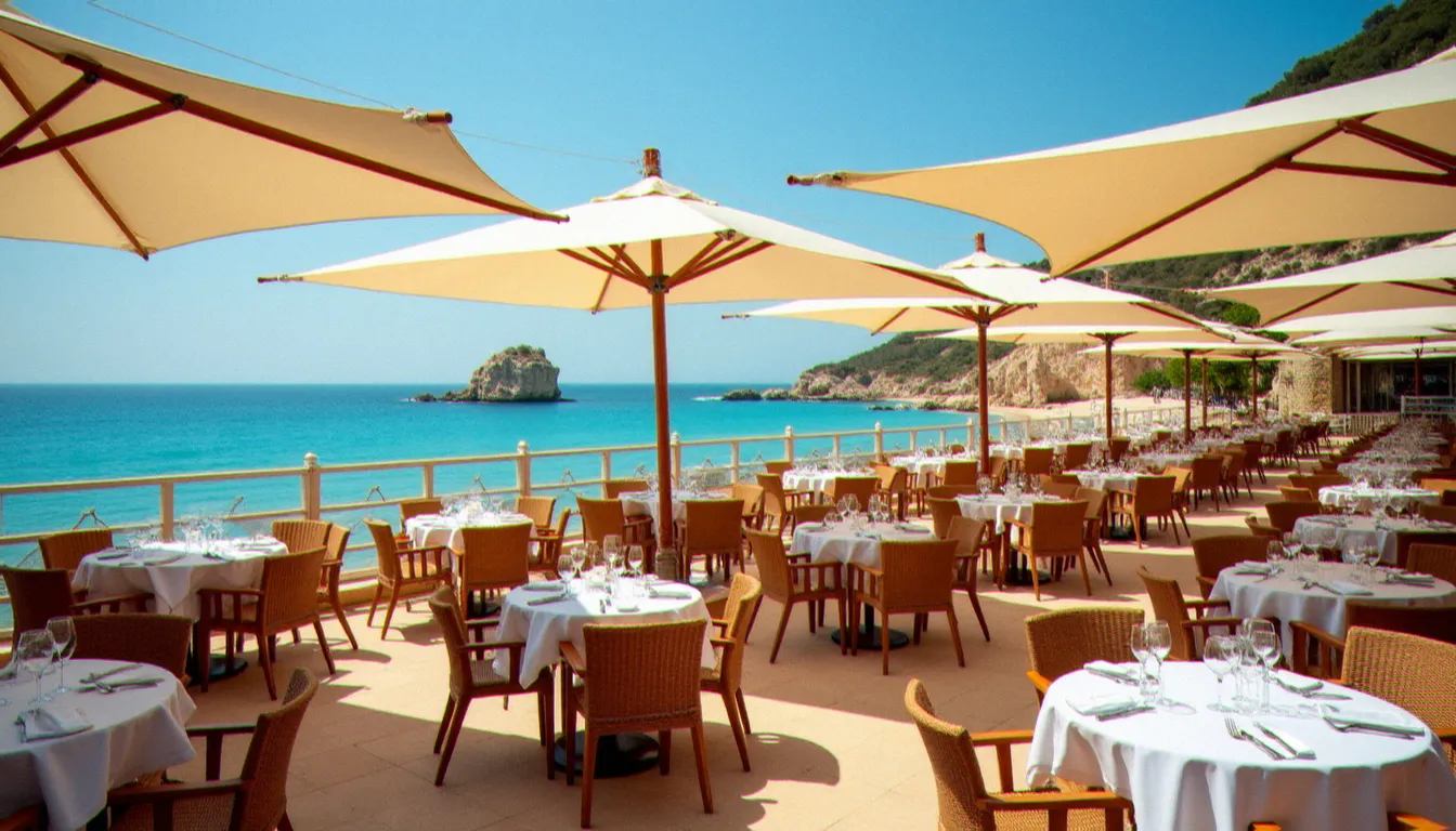 Restaurant de plage avec terrasse en bois et parasols blancs au Cap d'Agde, tables dressées face à la mer Méditerranée turquoise sous le soleil de juillet