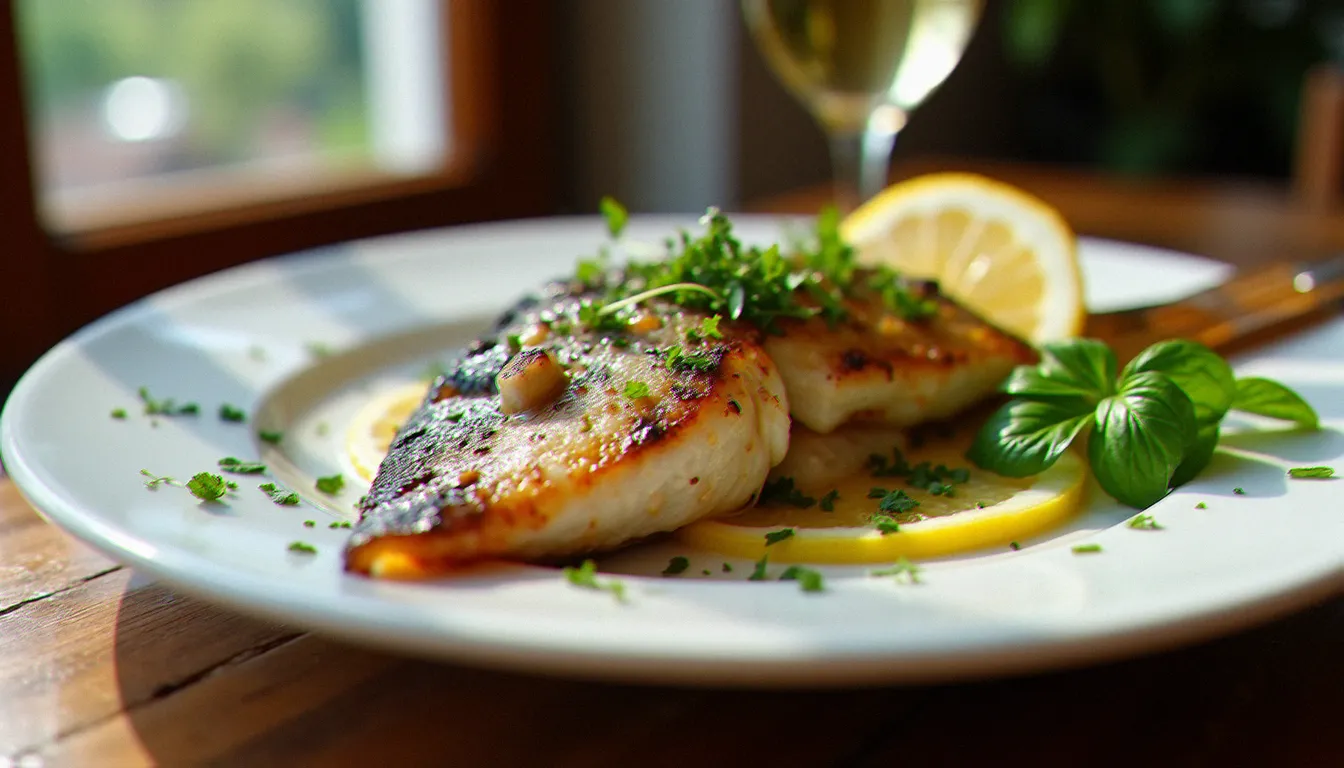 Assiette de daurade grillée aux herbes dans un bistrot méditerranéen, cuisine de produits locaux typique des adresses authentiques du Cap d'Agde