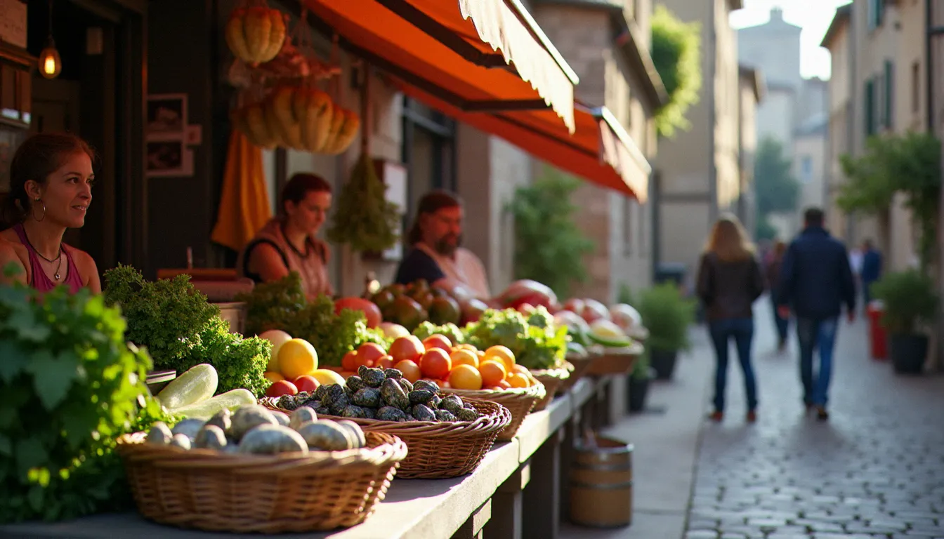 Marché local d'Agde-ville avec étals de légumes frais et fruits de mer, approvisionnement typique des restaurants authentiques de la région du Cap d'Agde