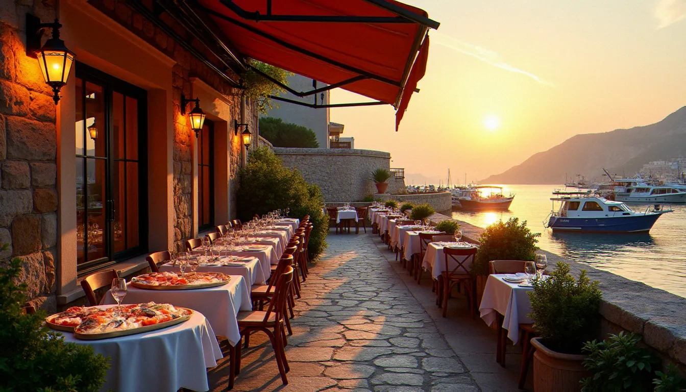 Terrasse d'un restaurant de fruits de mer au bord d'un port méditerranéen languedocien, ambiance coucher de soleil, meilleur restaurant cap d'agde