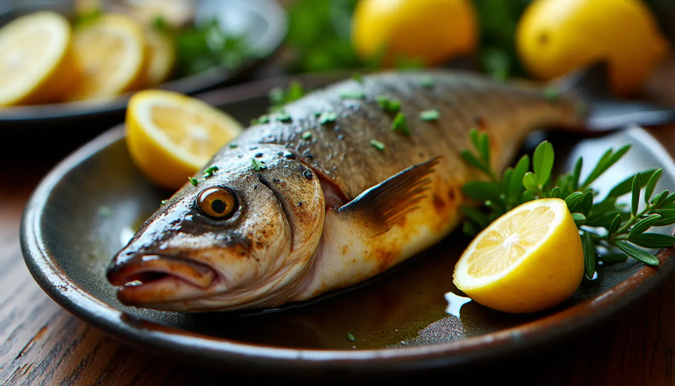 Daurade entière fraîchement grillée servie avec citron et herbes dans un restaurant de plage en Méditerranée, critère de qualité pour choisir un restaurant côtier au Cap d'Agde.