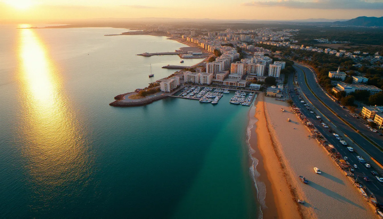 Vue aérienne du port de plaisance et du front de mer du Cap d'Agde en fin de journée, montrant la disposition géographique des différents secteurs de restaurants en bord de plage.