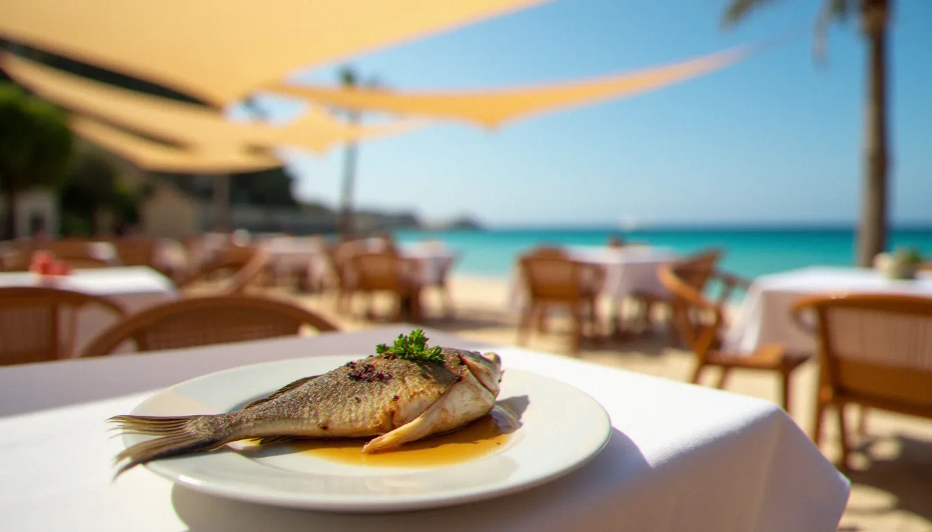 Terrasse de restaurant en bord de plage au Cap d'Agde avec vue sur la mer Méditerranée et table dressée, illustrant le choix du meilleur restaurant plage Cap d'Agde.