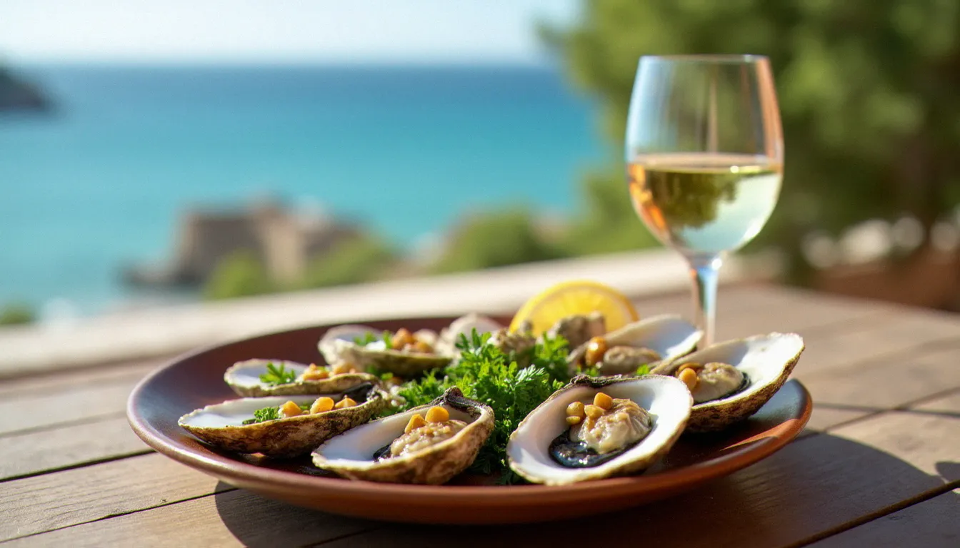 Assiette de tellines sautées à l'ail et d'huîtres de Bouzigues sur une terrasse de restaurant en bord de mer au Cap d'Agde, spécialités locales du littoral héraultais