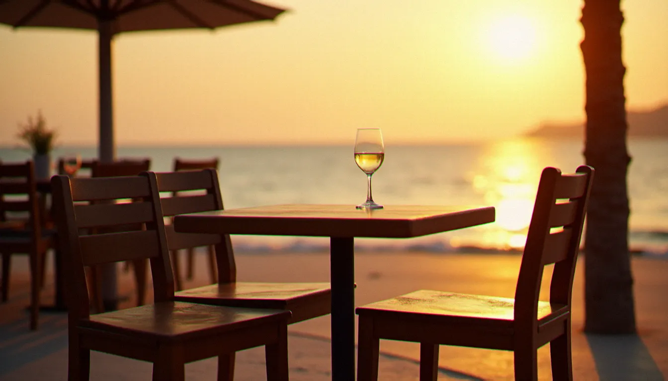 Terrasse de restaurant déserte en fin de journée de septembre face à la mer Méditerranée au Cap d'Agde, lumière dorée de fin d'après-midi et atmosphère calme de basse saison