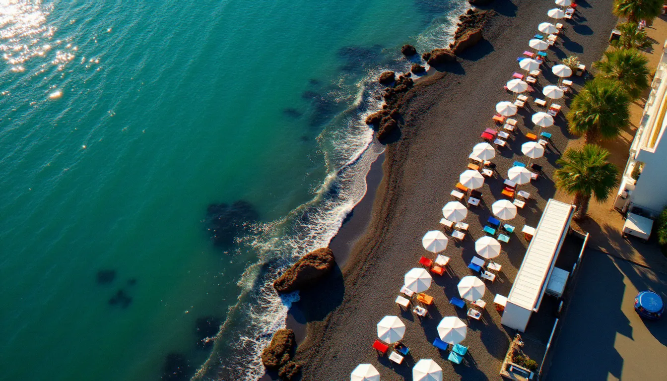 Vue aérienne de la plage Richelieu au Cap d'Agde avec ses terrasses de restaurants en bord de mer et ses parasols colorés sous la lumière méditerranéenne