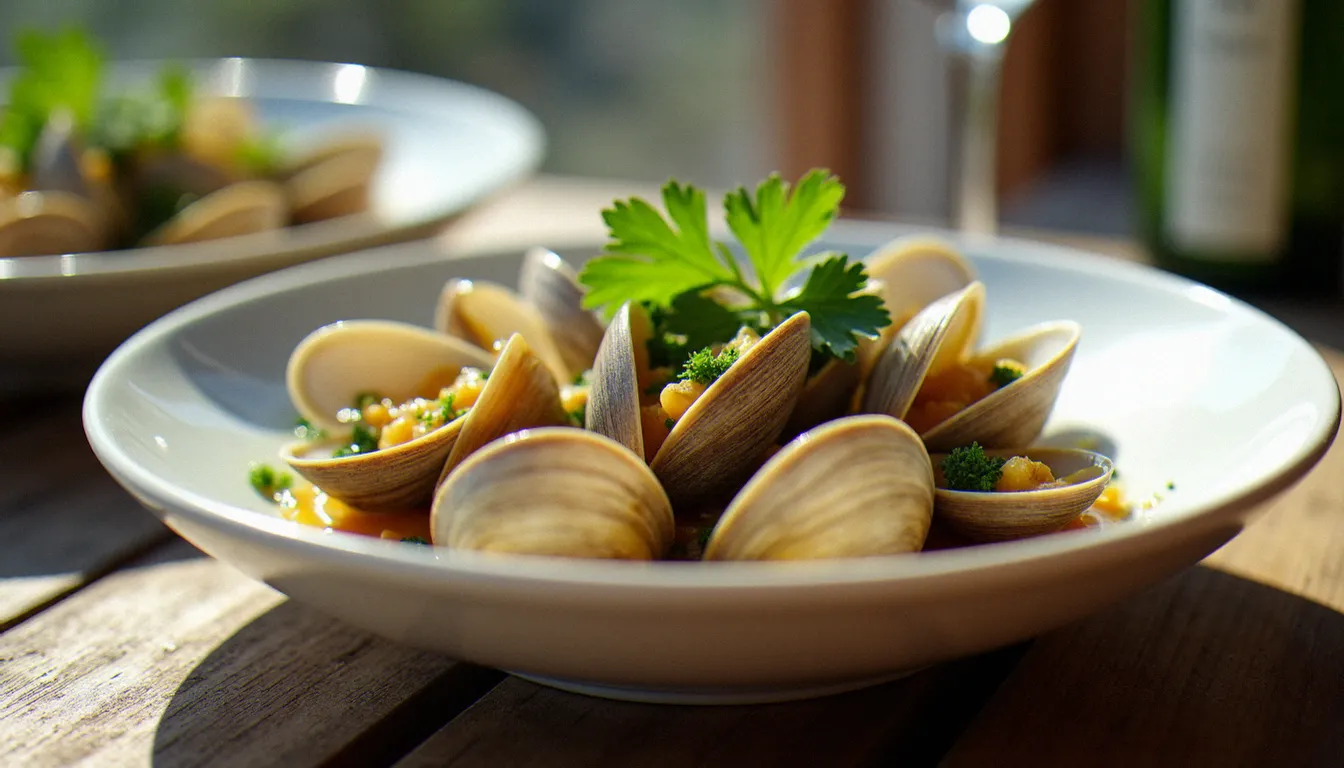 Assiette de tellines poêlées à l'ail et au persil, spécialité des plages languedociennes, servie dans un restaurant de bord de mer au Cap d'Agde