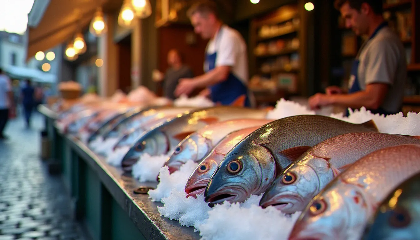 Étal de poissons frais de Méditerranée au marché d'Agde, avec loups, rougets et dorades sur glace, typique du marché local languedocien