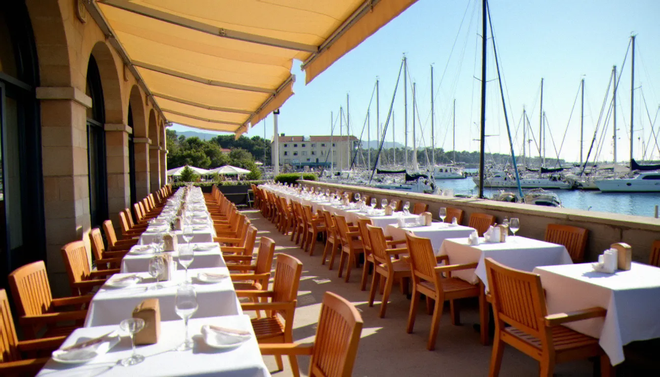 Terrasse de restaurant au bord du port de plaisance du Cap d'Agde, tables dressées face à la Méditerranée avec des voiliers en arrière-plan