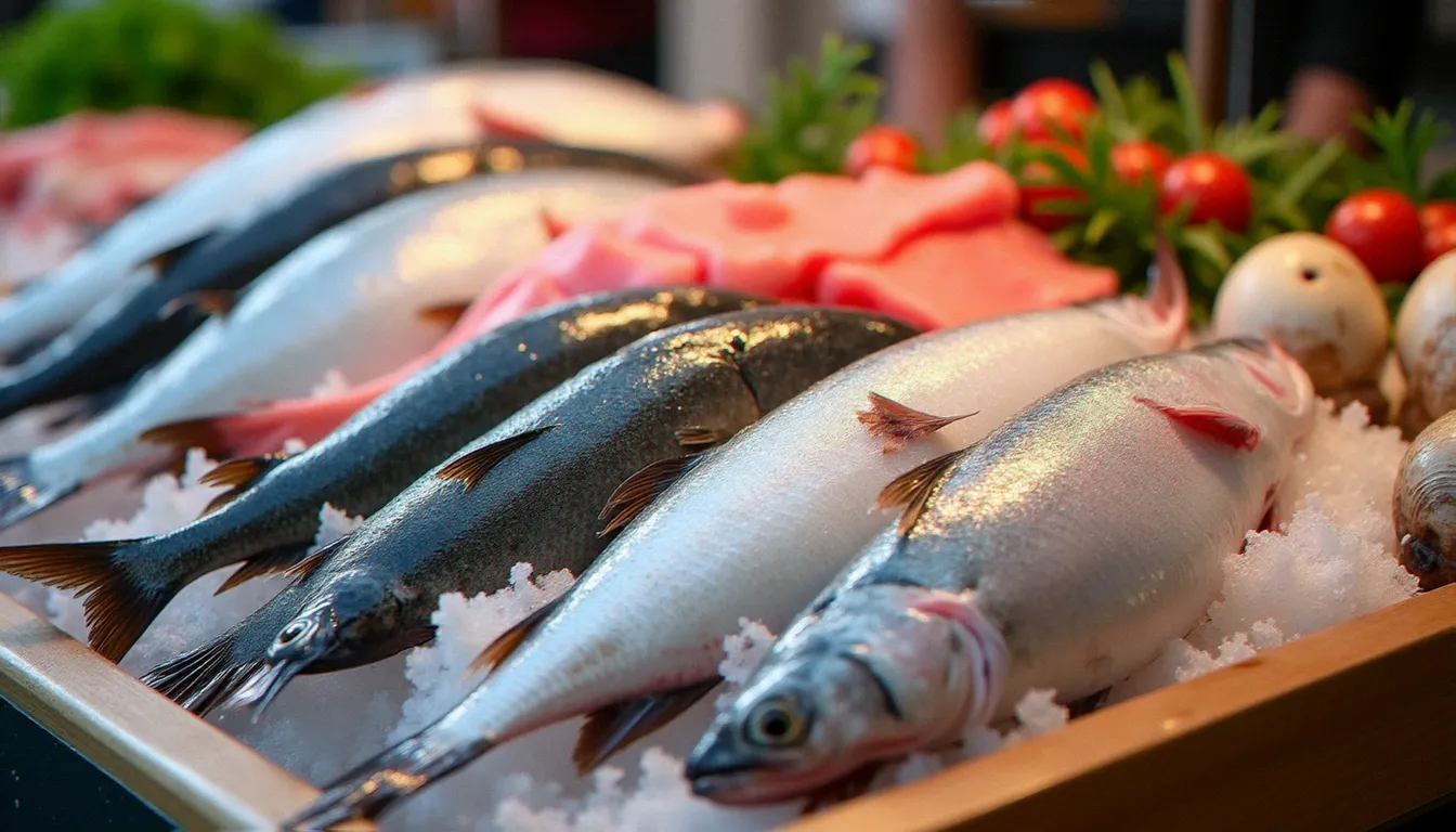 Poissons frais méditerranéens présentés sur glace dans un restaurant de Cap d'Agde : daurades, rougets et seiches de la criée de Sète
