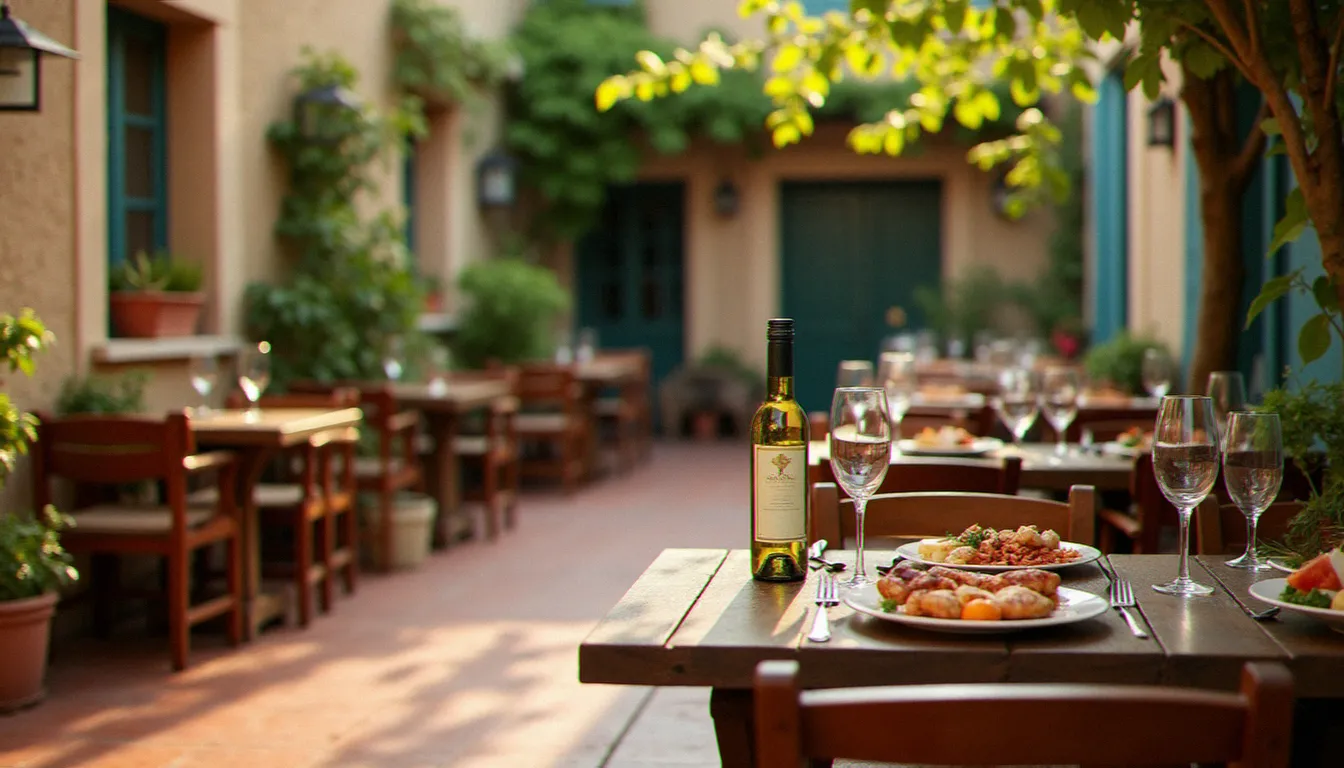 Terrasse d'un restaurant de village du Languedoc avec tables en bois, murs en pierre et plats de fruits de mer locaux, évoquant les adresses authentiques proches de Cap d'Agde