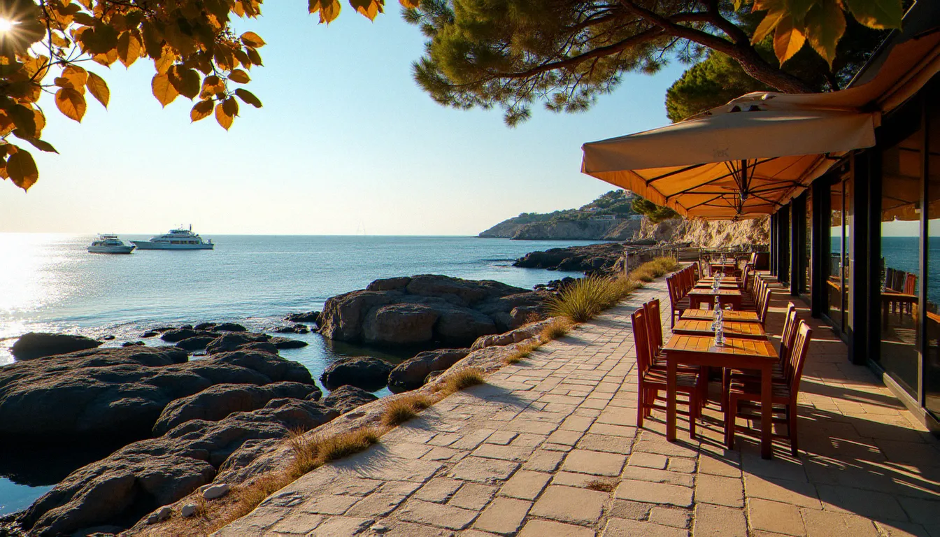 Terrasse calme d'un petit restaurant de la Grande Conque au cap d'Agde hors saison, face aux rochers volcaniques noirs et à la mer ouverte
