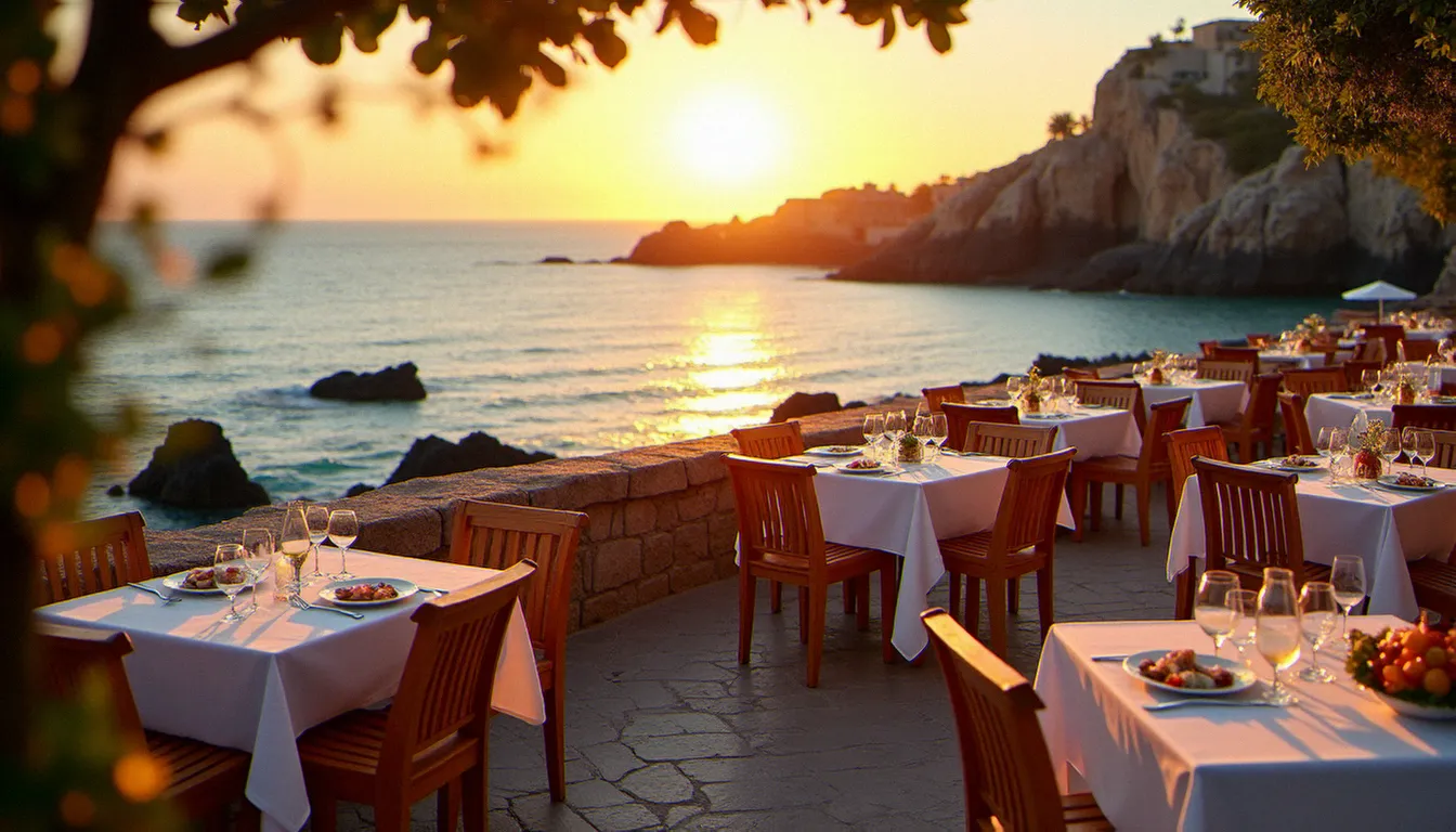 Terrasse d'un restaurant au cap d'Agde bord de mer au coucher du soleil, avec des rochers basaltiques noirs et la Méditerranée en arrière-plan