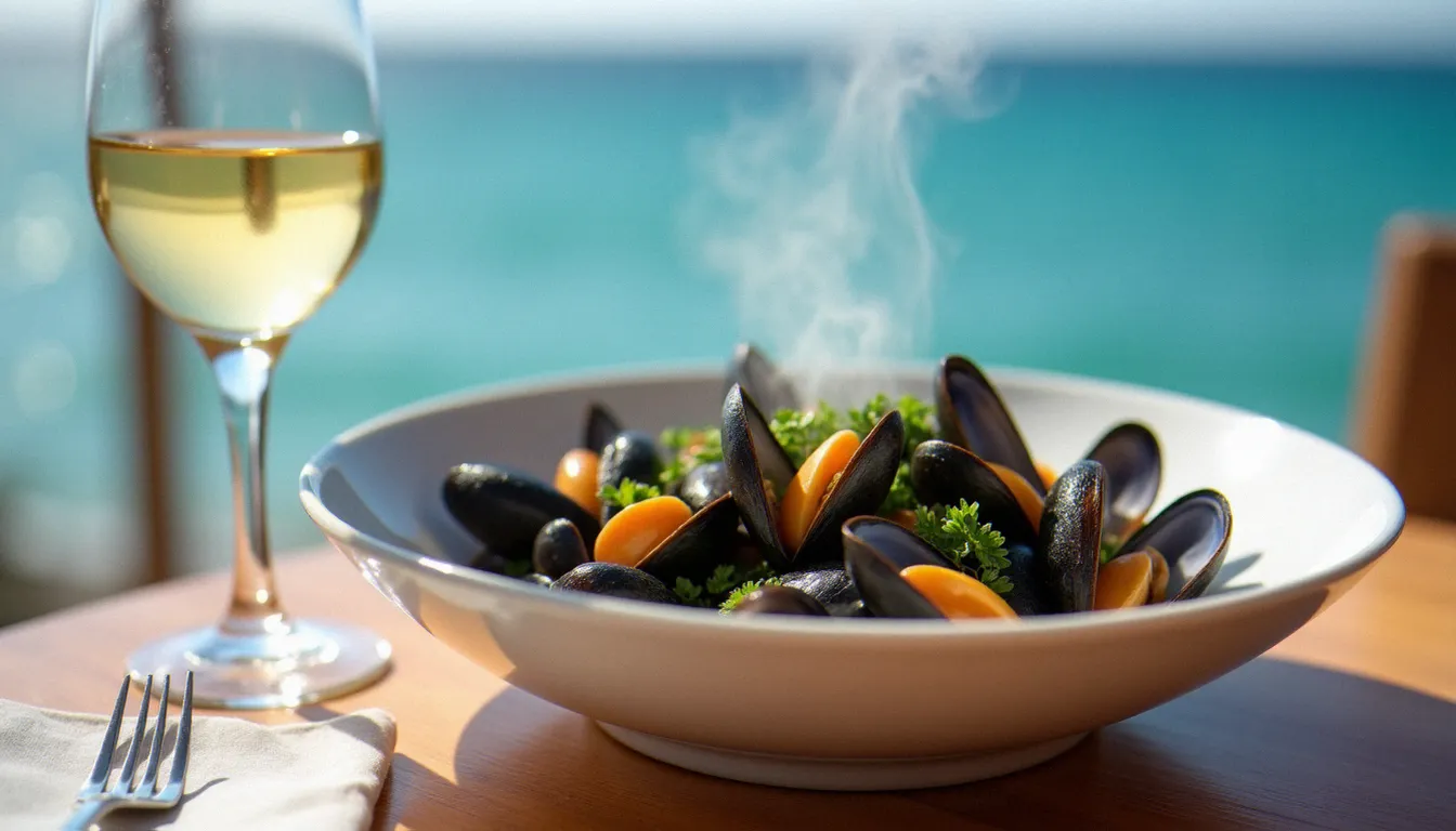 Assiette de moules de Bouzigues marinières servie dans un restaurant côtier du Cap d'Agde avec un verre de Picpoul de Pinet