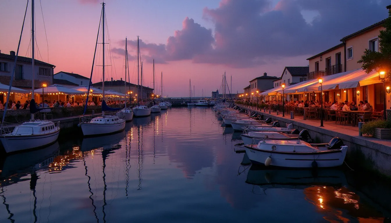 Port de pêche du Cap d'Agde en soirée avec des restaurants en bord de mer illuminés se reflétant dans l'eau calme