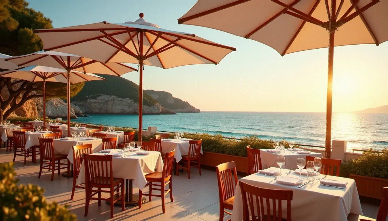 Terrasse d'un restaurant bord de mer au Cap d'Agde avec vue sur la Méditerranée au coucher du soleil