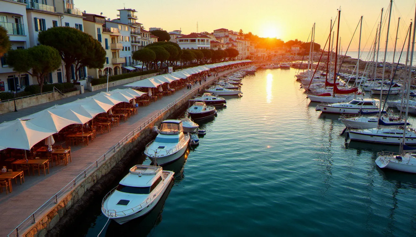 Vue aérienne du port de plaisance de Cap d'Agde avec terrasses de restaurants au coucher du soleil, bateaux amarrés et parasols blancs