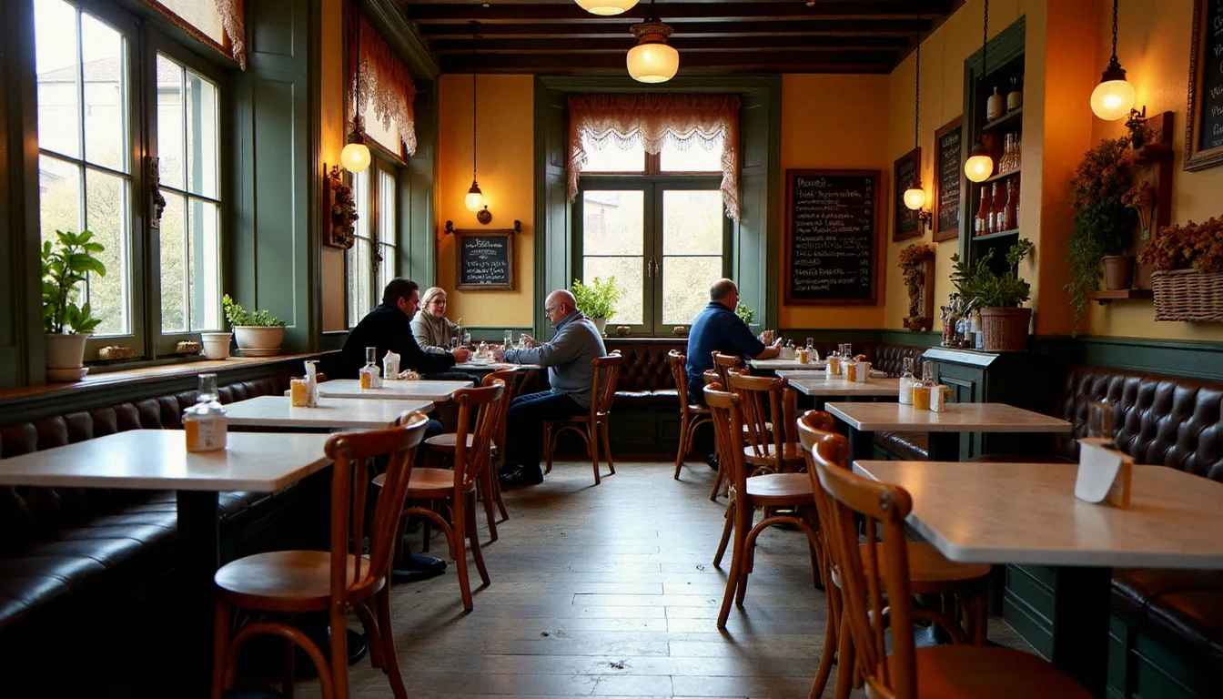 Intérieur d'une brasserie traditionnelle du centre-ville d'Agde en basse saison, avec tables en marbre et ardoise de menus manuscrite