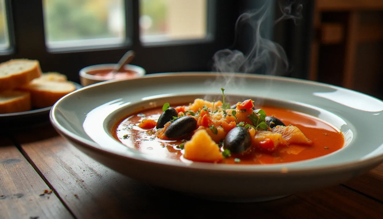 Soupe de poisson maison servie dans un restaurant local du Grau d'Agde en automne, avec croûtons à l'ail et rouille, plat typique de la restauration languedocienne à l'année
