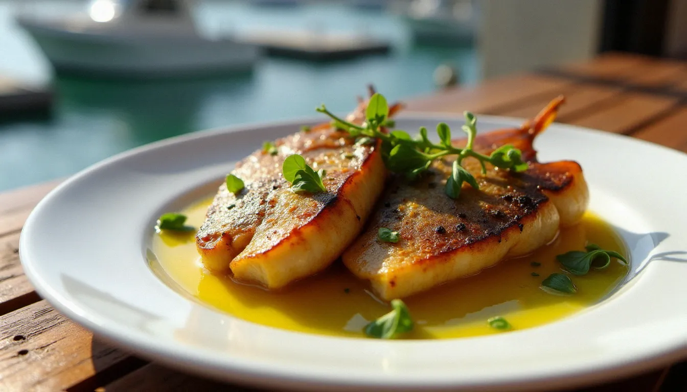 Assiette de rouget grillé aux herbes servie dans un restaurant du port au Cap d'Agde, lumière naturelle de midi