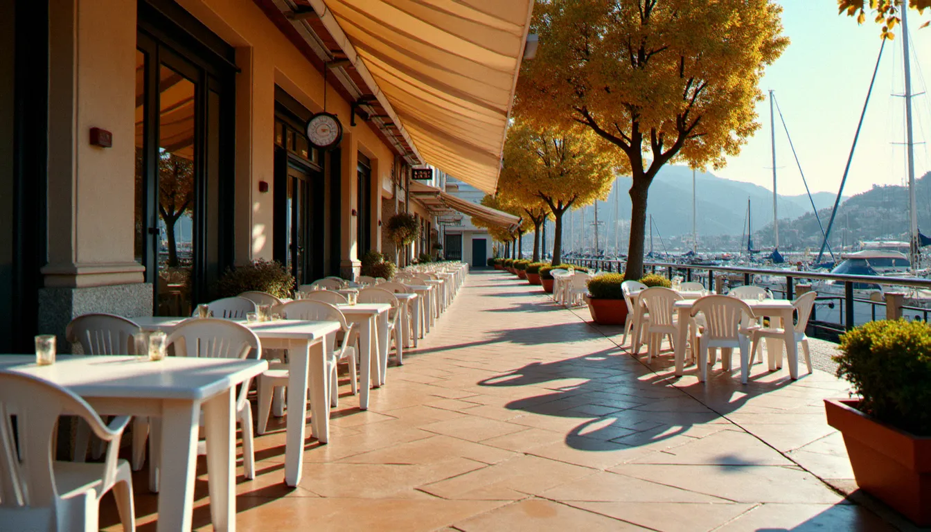 Terrasse de restaurant en bord de port au Cap d'Agde en basse saison, ambiance calme d'automne avec quelques tables encore ouvertes