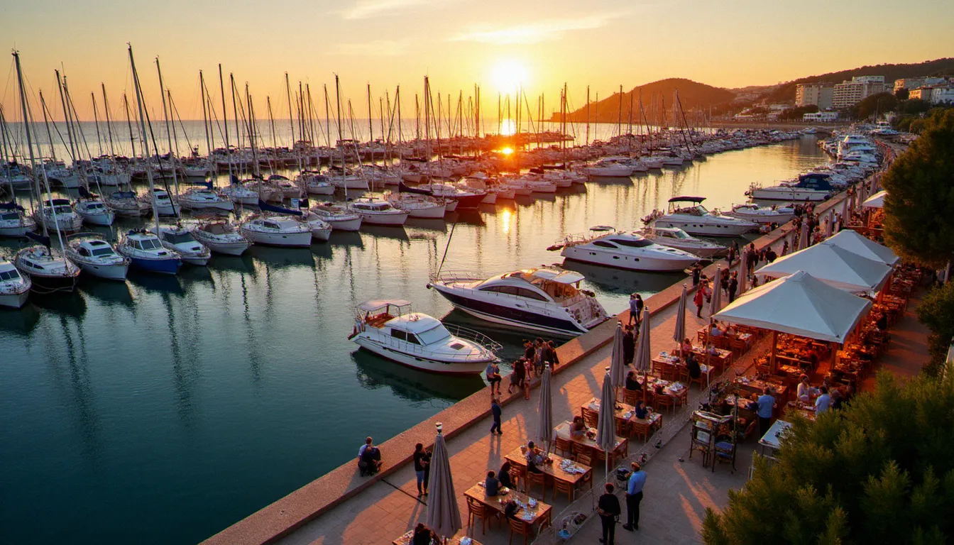 Vue aérienne du port de plaisance du Cap d'Agde avec des terrasses de restaurant ouvertes en bord de quai au coucher du soleil