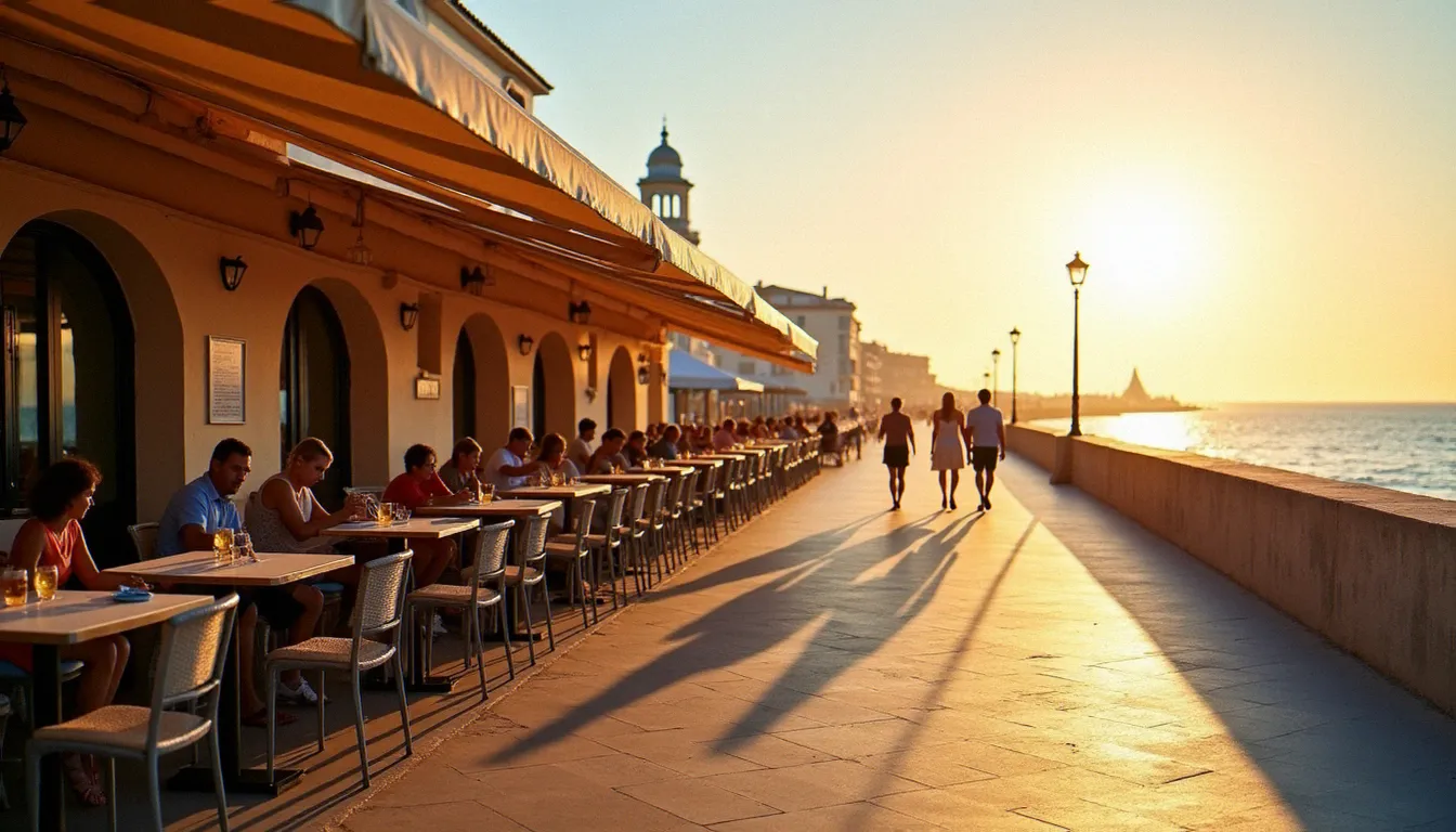 Terrasses de restaurants le long du front de mer au Cap d'Agde en fin de journée, familles attablées en été