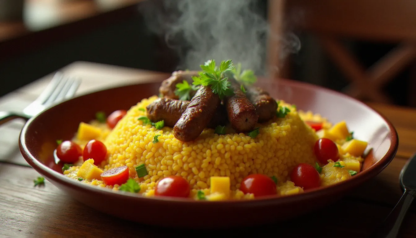 Couscous royal servi dans un restaurant halal du Cap d'Agde, avec agneau, merguez et semoule dans un plat en céramique