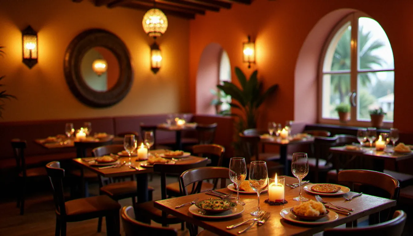 Salle intérieure d'un restaurant halal au Cap d'Agde avec décoration nord-africaine, tables dressées et plats de couscous