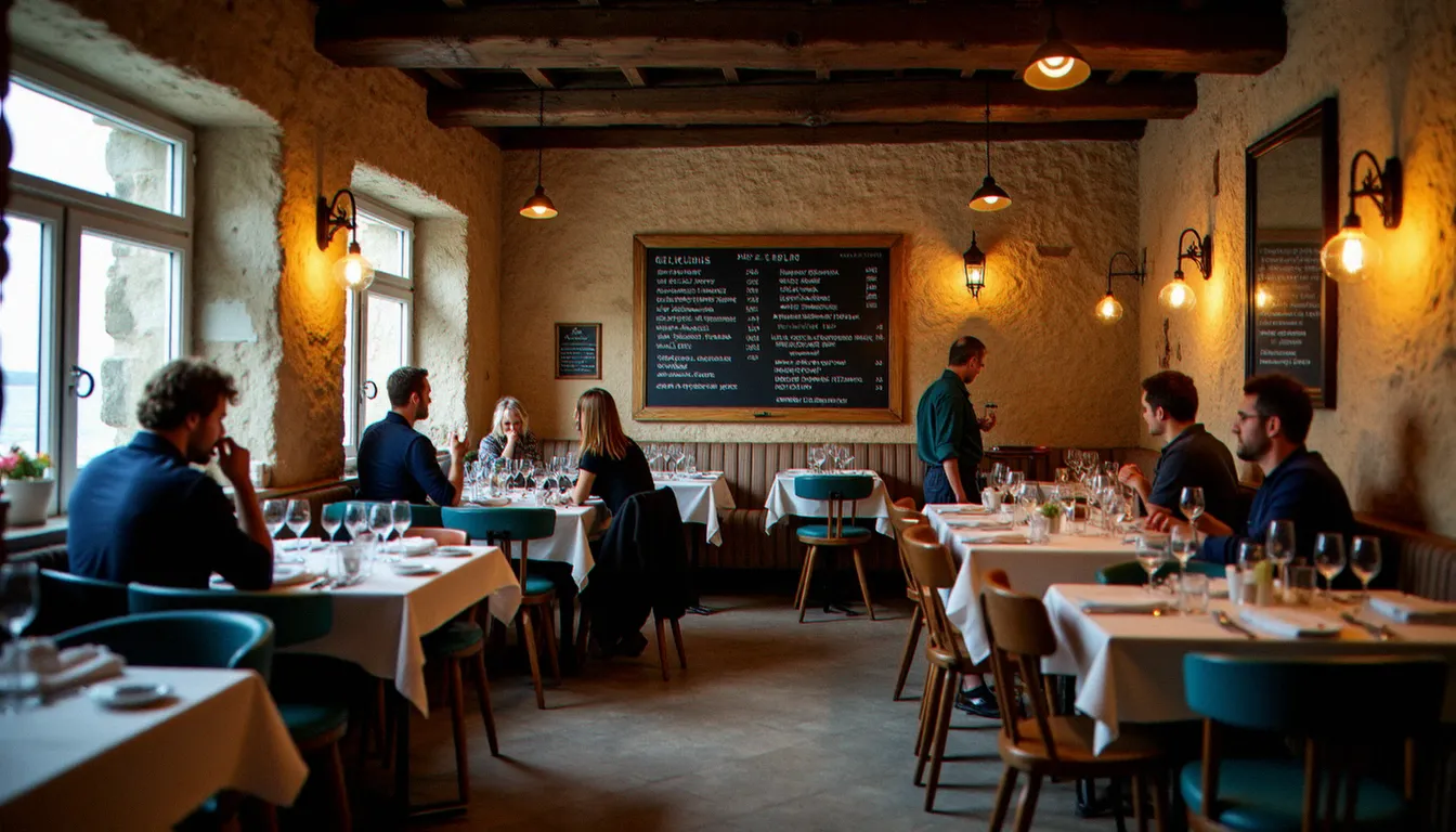 Salle intérieure d'un bistrot méditerranéen à taille humaine au Cap d'Agde, murs en pierre et ardoise avec les plats du jour