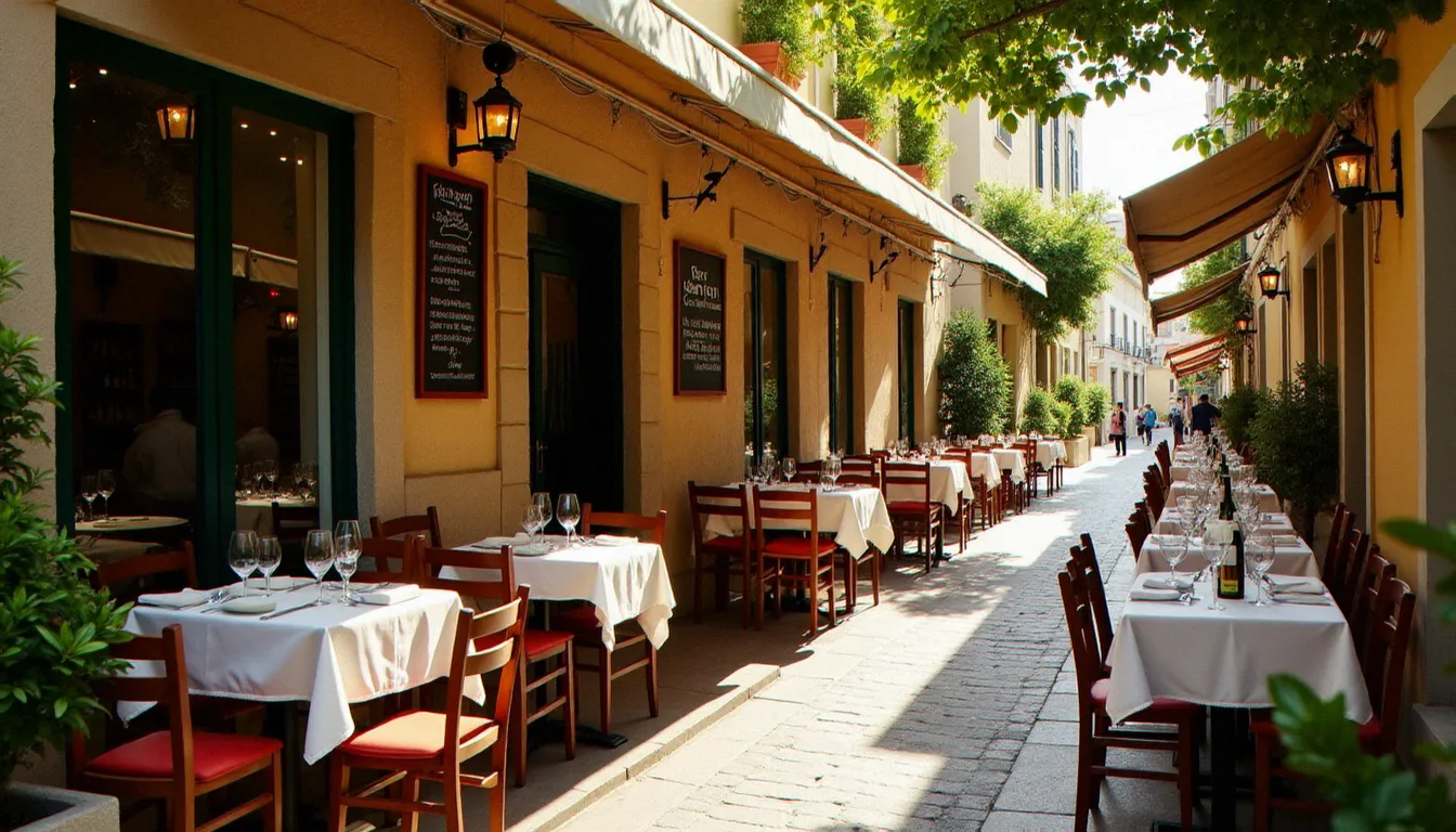 Terrasse ensoleillée du restaurant La Bonne Mère au Cap d'Agde, tables en bois et ardoise menu dans une ruelle pavée du vieux Cap