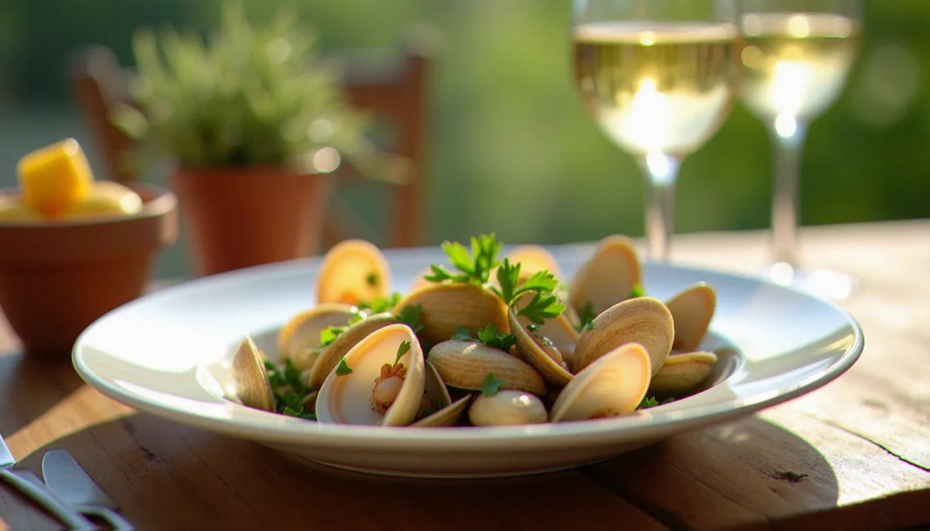 Assiette de tellines à l'ail et au persil, spécialité de fruits de mer du littoral languedocien, servie en terrasse de restaurant